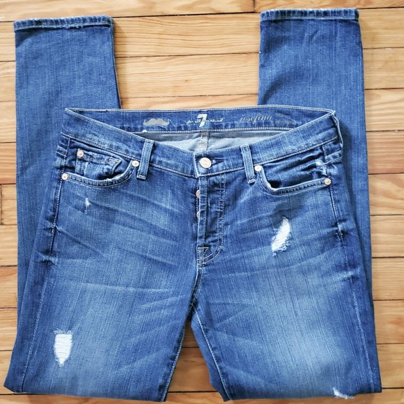 7 For All Mankind Denim - 7FAM  Gold Button Fly Distressed Josephine Boyfriend Jeans Sz 28